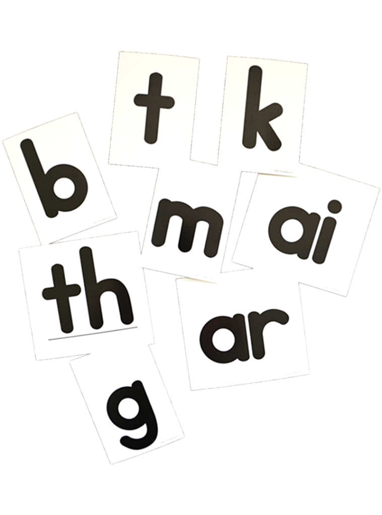 Speech cards with letters representing common speech sounds. Letters are B, T, K, TH, M, AI, G, AR